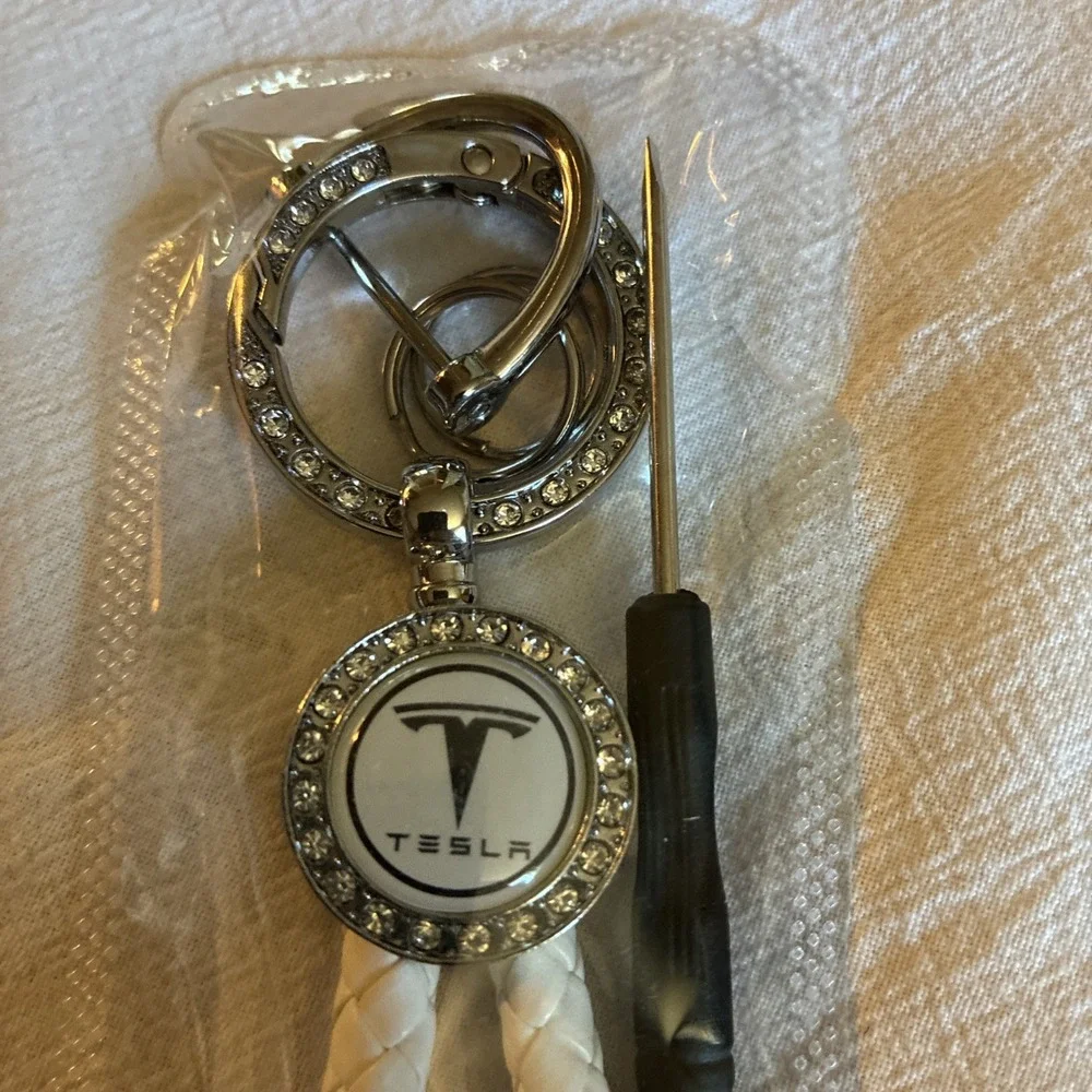 Tesla Keychain Ring White Braid With Rhinestones Emblem w/ Tool-Great Gift-NWT